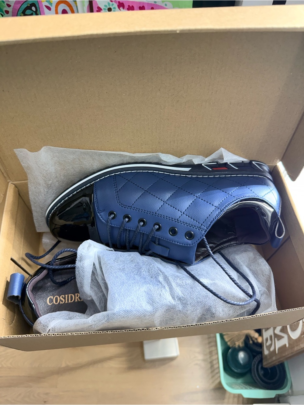 NEW Blue Quilted Men's Lace-Up Sneakers with Black Patent Toe Box EU42